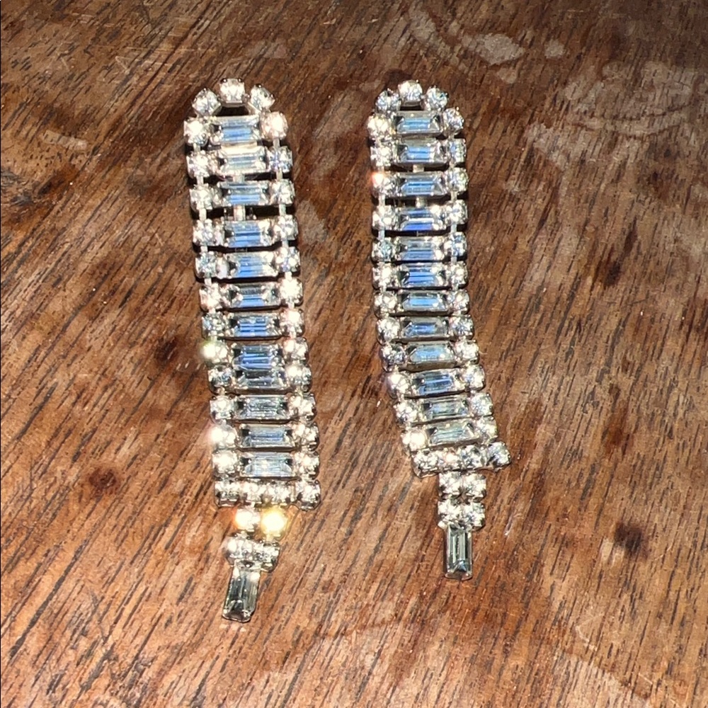 Elegant Vintage Silver Plate Rhinestone Drop Clip On Earrings